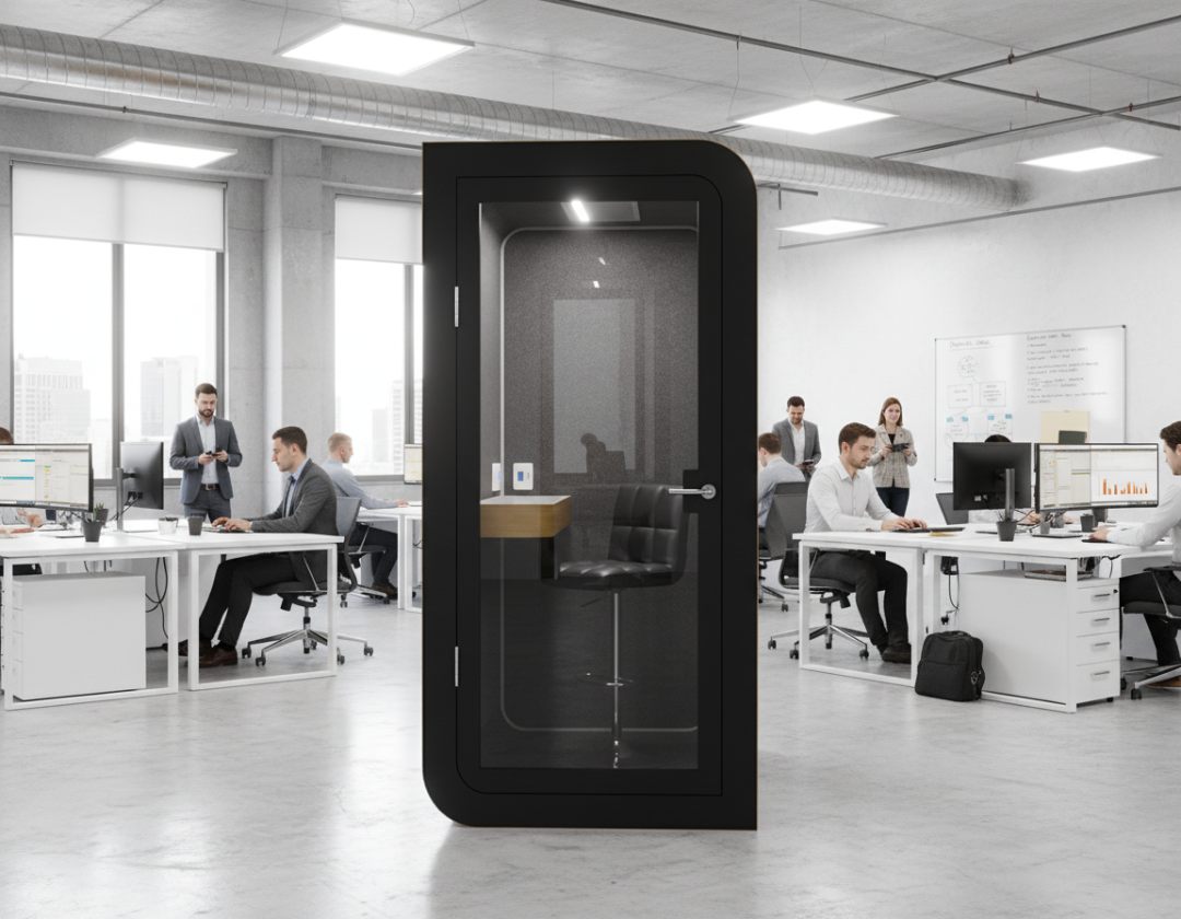 Silentbox Solo w biurze open space — izolacja akustyczna 35 dB chroni przed hałasem otoczenia